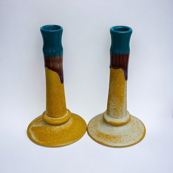 Walt Glass Signed Art Pottery Candlestick Candle Holder Texas Sunset - Picture 2 of 11